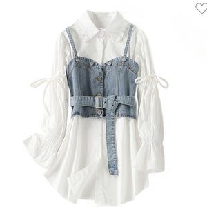 Trendy White Top w/ Denim Vest Look – Fits S/M | Cute Layered Style